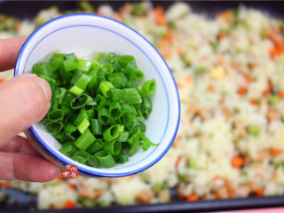 蔬菜鸡蛋炒饭,撒下葱花，翻炒均匀后即可起锅