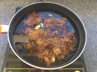 树花菜肉丸子,10分钟后，锅中倒入适量清水，泡洗干净的树花菜和姜片放入锅中，添加盐1勺，调大火烧煮。