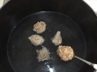 紫菜肉丸汤,用小勺子把肉馅团成一个丸子，放入沸水中